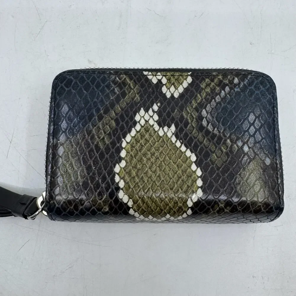 ALLSAINTS Fetch Leather Card Holder Wallet in Storm Green Snake Print